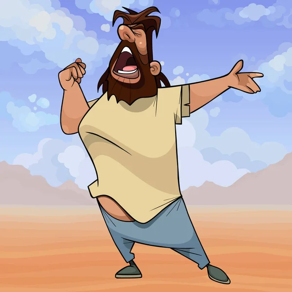 Desenho Animado Barbudo Shaggy Homem Expressivamente Cantando Enquanto Estava Deserto —  Vetores de Stock