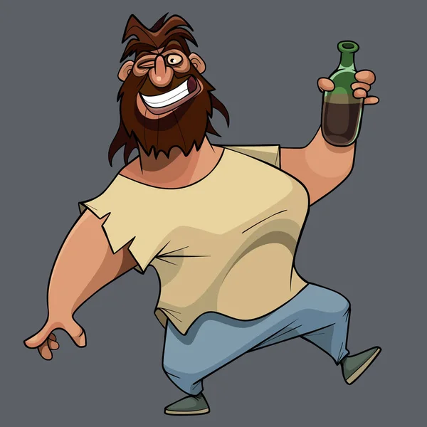 Funny Cheerful Smiling Cartoon Shaggy Bearded Man Bottle Hand — Stock Vector