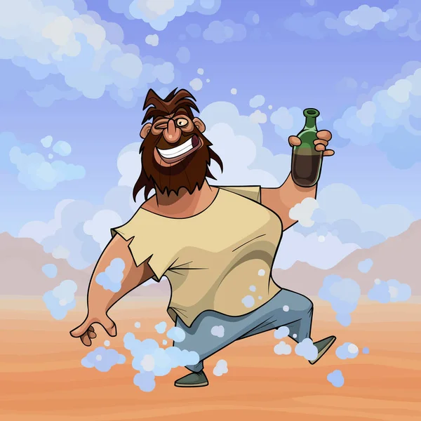 funny cheerful smiling cartoon shaggy bearded man with bottle in desert