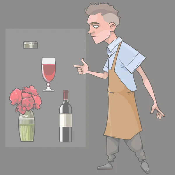 Hombre Estricto Dibujos Animados Delantal Botella Vino Jarrón Cristal Vino — Vector de stock