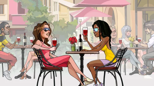 漫画家がテーブルに座りストリートカフェでワインを飲み — ストックベクタ