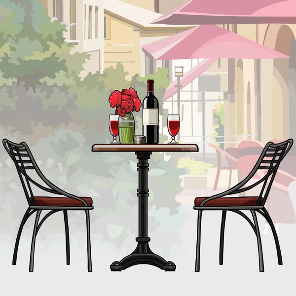 在街边咖啡馆的背景上放有酒瓶和玻璃杯的卡通桌 — 图库矢量图片