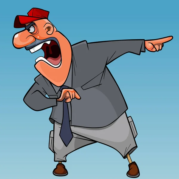 Karikatur Wütender Mann Mit Mütze Brüllt Zeigefinger Zur Seite — Stockvektor