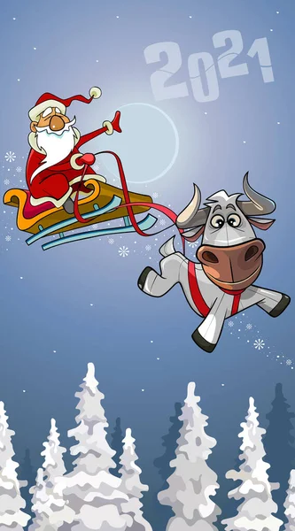 Cartoon Weihnachtsmann Auf Schlitten Mit Weißem Stier Fliegt Über Den — Stockvektor