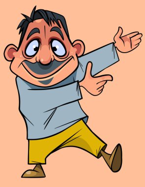 Komik karikatür gülümseyen adam işaret eden elleri kenara çağırıyor.