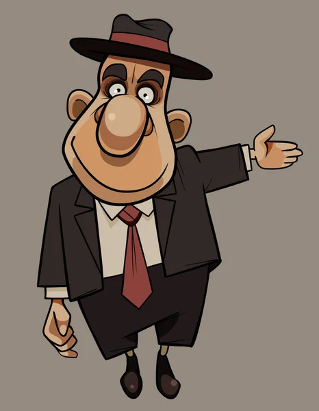 Dessin Animé Homme Souriant Costume Avec Cravate Chapeau Pointe Main — Image vectorielle