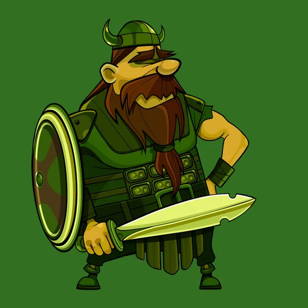 Funny Cartoon Medieval Bearded Viking Warrior Horned Helmet Shield Sword — Stock Vector