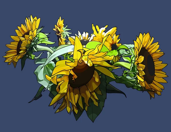 Bouquet of large yellow flowers sunflowers on a blue background. Vector image