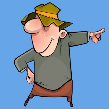 funny cartoon man in crumpled hat stands pointing his finger to the side clipart