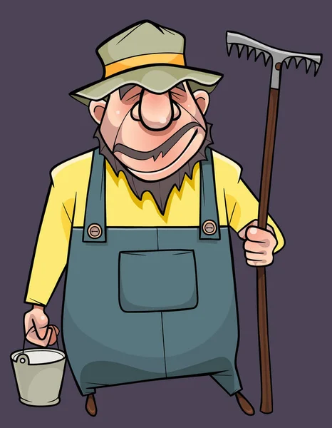 Funny Cartoon Male Gardener Overalls Hat Stands Bucket Rake — Stock Vector