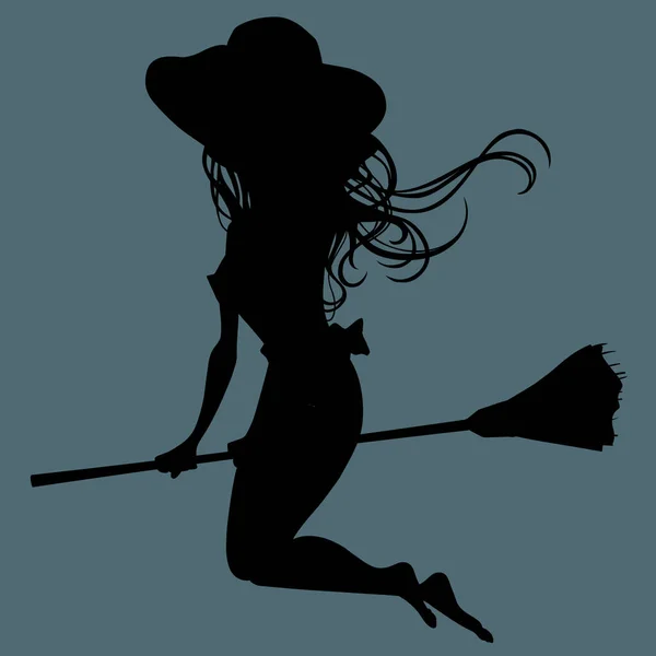 Silueta Una Mujer Dibujos Animados Sombrero Montar Escoba — Vector de stock