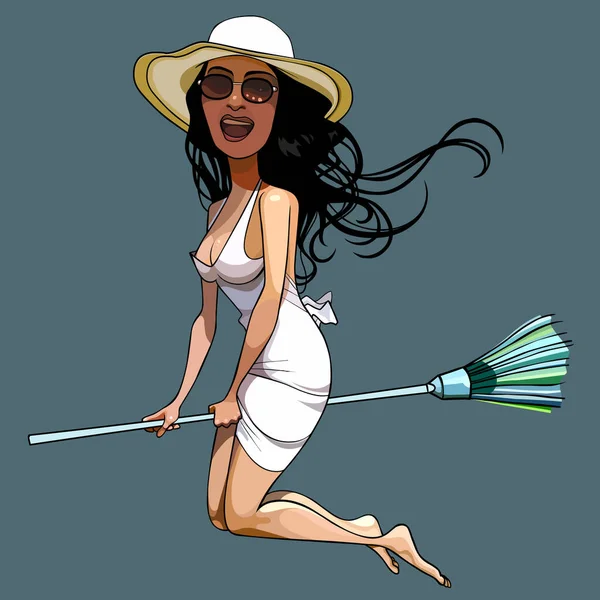 Cartoon Cheerful Woman White Dress Hat Flies Astride Broom — Stock Vector