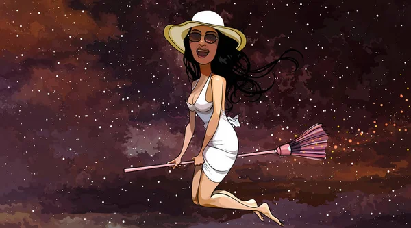Cartoon Cheerful Woman Flies Astride Broomstick Background Starry Sky — Stock Vector