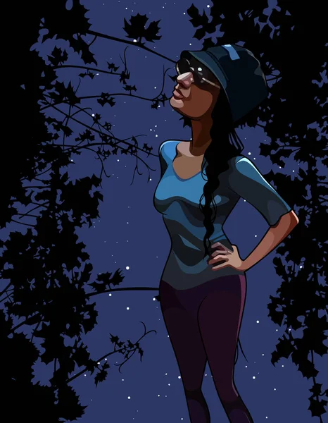 卡通片中的女人在夜空中仰望着夜空 — 图库矢量图片