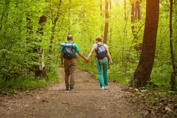 elderly couple with backpack hiking in forest. Senior couple walking in nature. end of a quarantine. Staycations, hyper-local travel,  family outing, getaway, natural environ