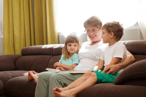 Grandmother Two Child Grandsons Having Great Time Reading Book Home — Stock Photo, Image