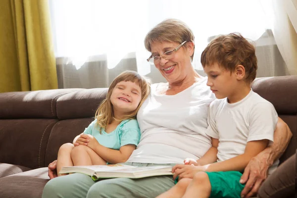 Grandmother Two Child Grandsons Having Great Time Reading Book Home — Stock Photo, Image