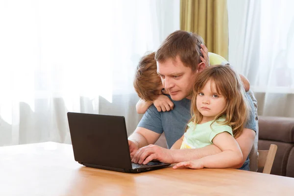 Home Office Working Home Dad Two Kids Work Laptop Home Stock Photo