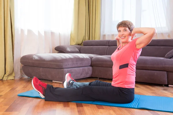 Cheerful Senior Lady Doing Exercises Home Remote Workouts Working Out — Stock Photo, Image