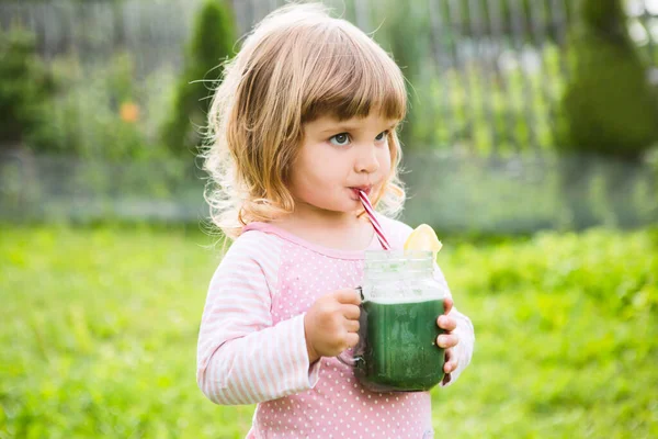 Niña Niña Beber Batidos Verdes Saludables Aire Libre Estilo Vida —  Fotos de Stock