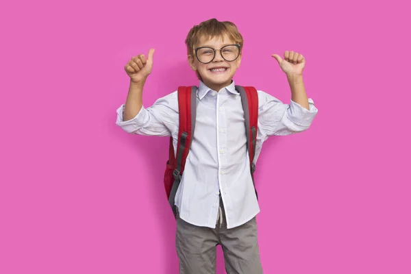 Vuelta Escuela Feliz Niño Sonriente Con Gafas Con Una Mochila —  Fotos de Stock