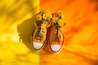 Sarı arkaplanda çiçek desenli sarı spor ayakkabılar ve fotokopi alanı olan ağaç gölgeleri. Karantina sona erdi. Derin uzun gölgeler