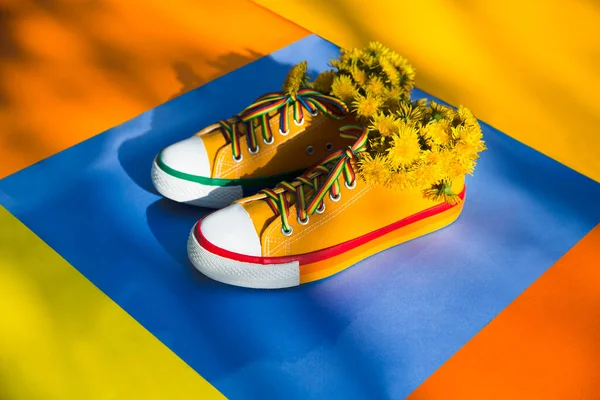 Yellow Sneakers Flowers Dandelions Multi Colored Background Shadows Trees Copy — Stock Photo, Image