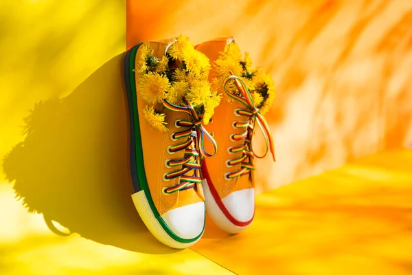 Yellow Sneakers Flowers Dandelions Yellow Background Shadows Trees Copy Space — Stock Photo, Image