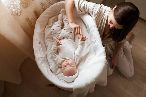 Little Baby Lying Crib Young Mother Sits Happy Family — Stock Photo, Image