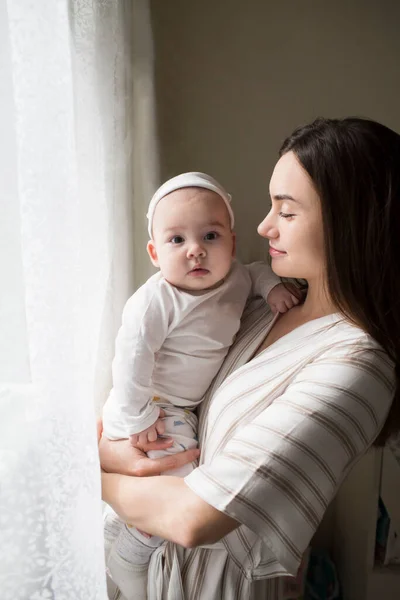 Happy Smiling Young Mother Playing Her Newborn Baby Bedroom Parenthood — Stock Photo, Image