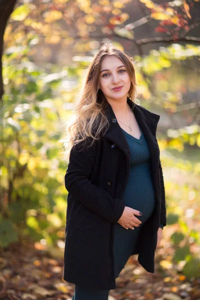 Jonge Zwangere Vrouw Ontspant Zich Buiten Het Herfstpark Vallen Hygge — Stockfoto