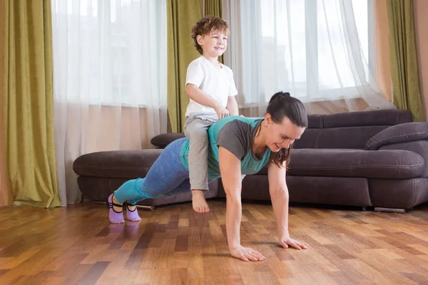 Family Mother Little Son Doing Exercise Home — Stock Photo, Image