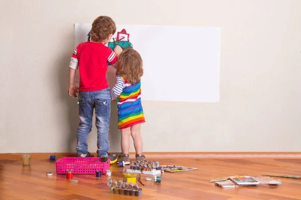 Two Cute Little Children Painting Wall Room — Stock Photo, Image