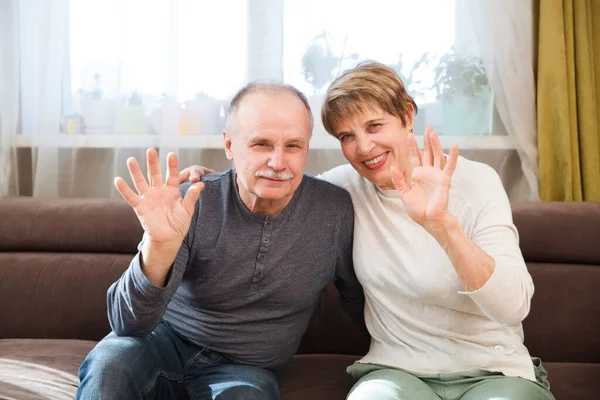 Happy Senior Couple Waving Hands Looking Camera Smiling Talking Webcam — стоковое фото