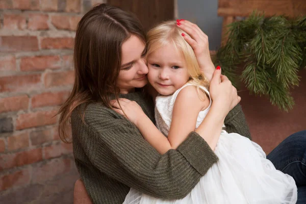 Happy Mother Daughter Celebrating Christmas Home Christmas Time Happy Christmas — Stock Photo, Image