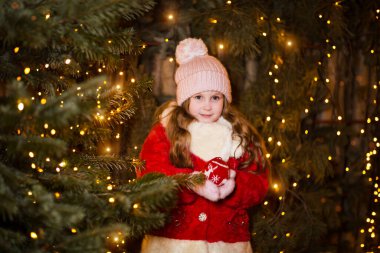 Kışlık elbiseli kız Noel arifesinde açık havada hediye paketi tutuyor..