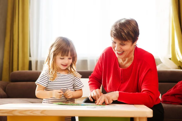 Happy Family Grandmother Playing Enjoying Granddaughter Little Child Girl Cheerfully — Stock Photo, Image