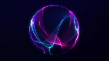 Akan neon gradyan ve ışık çizgileriyle parlayan soyut küre, pürüzsüz 4K döngüsünde geleceksel enerji animasyonu.