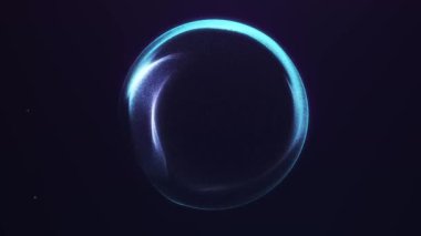 Uzaya dağılan parçacıklardan oluşan mavi parlayan küre. Fütüristik çözünme ve enerji etkisiyle soyut 4K dijital döngü.