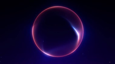 Koyu arkaplanda kırmızı ve mor renkte ışık bulunan soyut parlayan küre. Gelecekçi plazma enerji topu, bilim-kurgu kozmik dijital şekil.