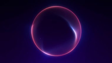 Soyut parlak eğimli parçacık küresi koyu arkaplanda parlayan renkli enerji çizgileriyle dönüyor. Kusursuz 4K döngü animasyonu.