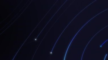 Akan neon mavi çizgiler ve parlayan noktalar derin karanlık boşlukta hareket ediyor, gelecekteki hareket arkaplanı, 4K animasyon.