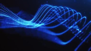 Karanlık arka planda dinamik akış noktaları ve çizgileri olan soyut parlak mavi frekans dalgaları. Pürüzsüz 4K döngüsünde geleceksel teknoloji veri görselleştirmesi