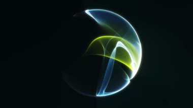 Pürüzsüz sıvı akışı ve neon parçacık dalgaları olan mavi ve sarı soyut küre. Geleceğe döngü olmayan 4K dijital döngü arkaplanı.