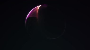Pembe ve yeşil sıvı gradyanı koyu fütüristik arka planda yavaşça akan parlak bir küre. Bilim kurgu, modern sanat ve teknoloji görselleri için soyut neon animasyon. Kusursuz döngü.