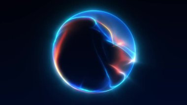 Pürüzsüz sıvı gradyan akışı ve koyu arkaplan üzerindeki fütüristik ışık efektleriyle parlayan mavi ve turuncu küre. 4K 'da kusursuz döngü.