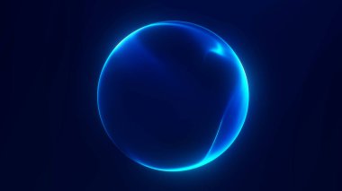 Soyut parlak mavi küre, koyu arkaplan üzerinde yumuşak ışık efektleri var. Pürüzsüz dijital enerji ışığına sahip geleceksel küre tasarımı.