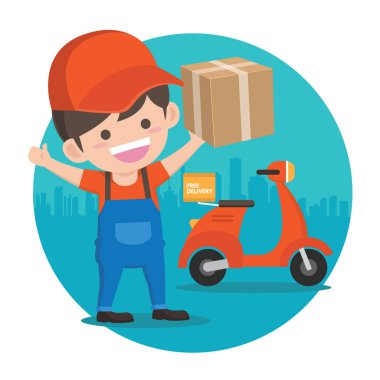 Scooter veya motosiklet üzerinde hızlı teslimat hizmet kavramı. Düz vektör çizim.