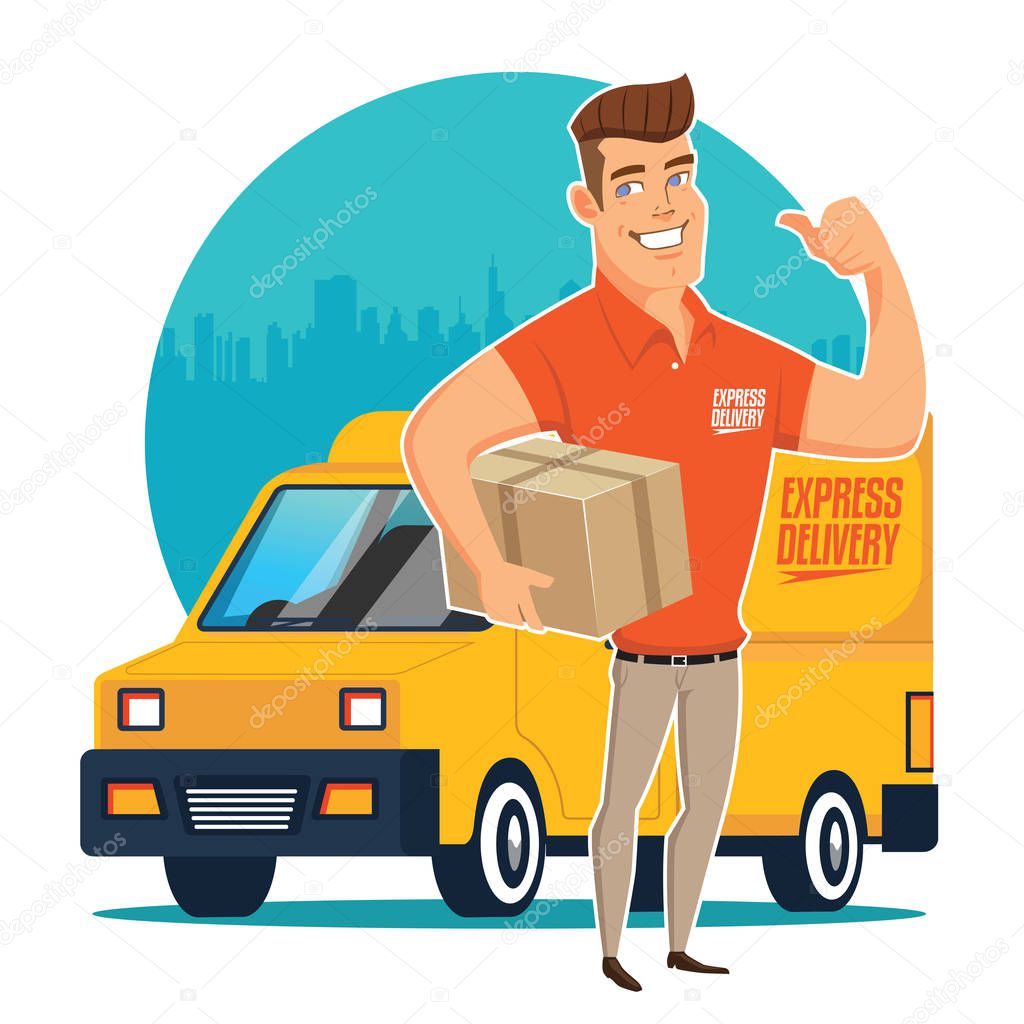 Delivery man and track. Flat design modern vector illustration concept.