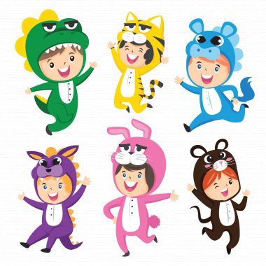 Set vektör karikatür hayvan şirin çocuk kostümleri. Karnaval kıyafetleri çocuklar için.
